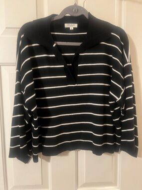 Max Studio Black and White Striped Cropped V Neck Top with Collar Size Small